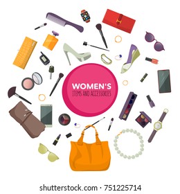 Set of fashion accessories. Women items and accessories. Vector illustration.
