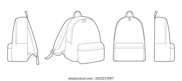 Set aus Fashion Rucksack Silhouette-Tasche. Technische Illustration zum Mode-Accessoire. Vorderseite des Vektorschoolsacks, Seite 3-4 Ansicht für Männer, Frauen, unisex-Stil, flache Handtaschen-CAD-Mockup-Skizze einzeln