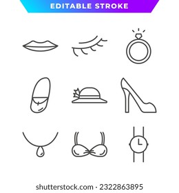 Conjunto de iconos de esquema de moda y belleza. Palo de labios, araña, cejas, tacones altos, anillo, collar y más. Stroke editable. Vector Eps 10v