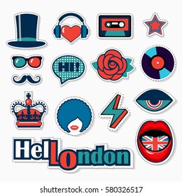 set of fashion british patches, stickers and pins