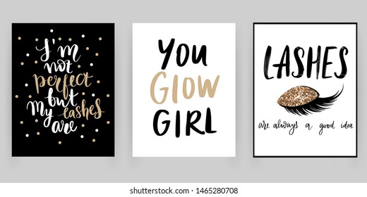 Set with fashion cards with golden inspiration quote about girls, lashes, brows, makeup. Ideal for girls room, cards, beauty salon, posters and social media.