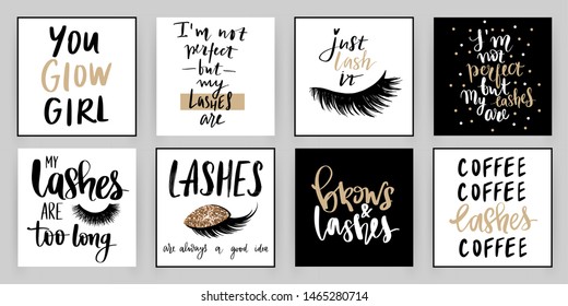 Juego de tarjetas de moda con una cita de inspiración dorada sobre chicas, azotes, cejas, maquillaje. Ideal para habitaciones para chicas, tarjetas, salón de belleza, carteles y medios sociales.