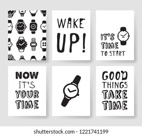 Set of fashion cards. Hand drawn vector patterns hipster brochures. Modern artistic design with watches