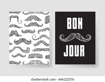 Set of fashion cards. Hand drawn vector patterns hipster brochures. Modern artistic design with mustache
