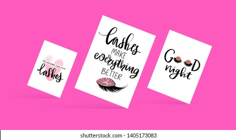 Set with fashion cards with inspiration quote about girls, lashes, makeup. Ideal for girls room, cards, wall decoration, posters and social media. Bright pink design.
