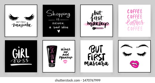 Set with fashion cards with inspiration quote about girls, lashes, makeup. Ideal for girls room, cards, wall decoration, posters and social media.