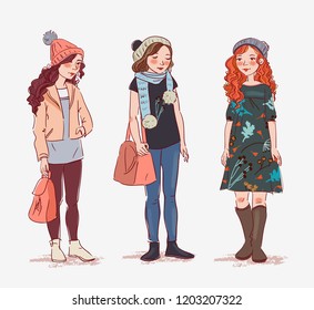 Set with fashion, cartoon girls