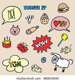 Set of fashion cartoon patch badges. Burger, cake, sheep, cat, ladybug, drawn words love you, wow, worth it, yum etc. Isolated elements for stickers, embroidery, decorations. Vector illustration. 