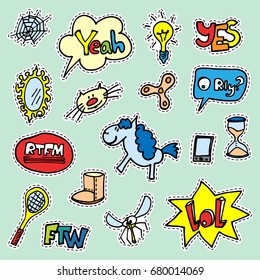 Set of fashion cartoon patch badges. Bulb, mirror, pony, hourglass, Ugg, mosquito, drawn words lol, yes, RTFM, FTW etc.Isolated elements for stickers, embroidery, decorations. Vector illustration. 