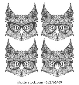 Set of fashion cat faces with different eyeglasses, coloring book, line art, lines, style, vector illustration isolated on white background