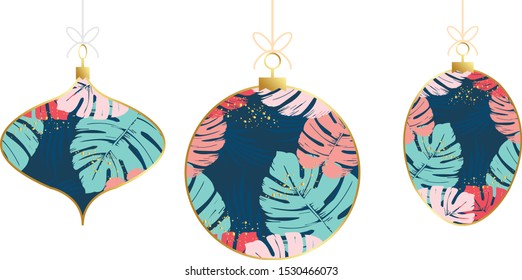 Set of fashion Christmas and New Year ball with philodendron and palm leaves. Exotic design
