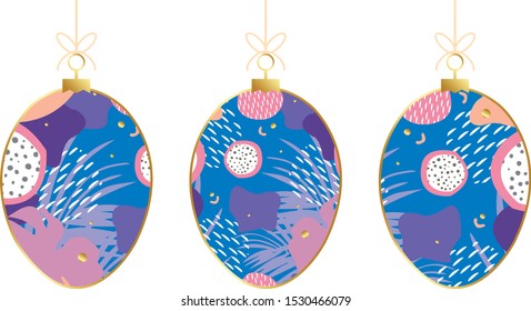 Set of fashion Christmas and New Year ball with philodendron and palm leaves. Exotic design