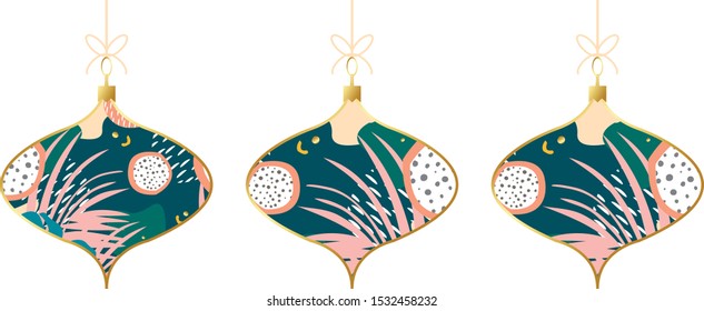 Set of fashion Christmas and New Year ball with philodendron and palm leaves. Exotic design
