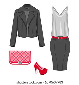 Set of fashion clothes for autumn, spring, summer season. Woman trendy and stylish clothing. Skirt, white/gray blouse, blazer/jacket, shoes, handbag - clutch. Vector illustration, EPS10.