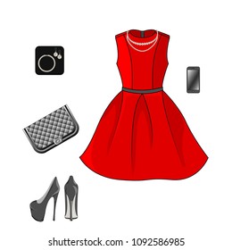 Set of fashion clothes for autumn, spring, summer season. Woman trendy and stylish clothing. Red dress, shoes, phone, accessories, handbag - clutch. Vector illustration, EPS10.