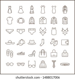 Set of fashion and clothes Icons line style. Included the icons as hat,  bag, eyeglasses, dress, tie And Other Elements.
customize color,  easy resize.