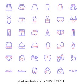 Set of fashion and clothes Icons line style. Contains such Icons as dress, wear, apparel, clothing, bag, glasses, pants, underwear And Other Elements. customize color, easy resize.