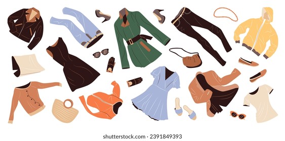 Set de ropa de moda para mujeres. Prendas de vestir y accesorios para primavera y verano. Abrigo, guantes, chaqueta, bolsas, zapatos, pantalones volando. Ilustraciones vectoriales planas aisladas en fondo blanco.