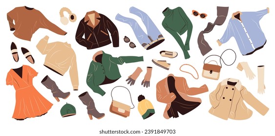 Set of fashion clothes for women. Casual garments and accessories for fall and winter. Coat, gloves, jacket, bags, shoes, trousers, hats flying. Flat vector illustrations isolated on white background.