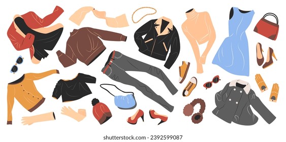 Set of fashion clothes for women. Casual garments and accessories for fall and winter. Coat, gloves, jacket, bags, shoes, trousers, hats flying. Flat vector illustrations isolated on white background.