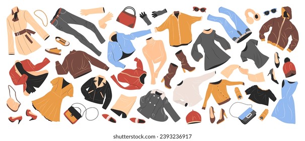 Set of fashion clothes for women. Casual garments and accessories for fall and winter. Coat, gloves, jacket, bags, shoes, trousers, hats flying. Flat vector illustrations isolated on white background.