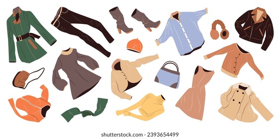 Set of fashion clothes for women. Casual garments and accessories for spring and summer. Coat, dress, jacket, bags, shoes, trousers flying. Flat vector illustrations isolated on white background.