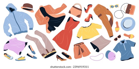 Set of fashion clothes for women. Casual garments and accessories for spring and summer. Jacket, bags, shoes, trousers, shorts, hats flying. Flat vector illustrations isolated on white background.