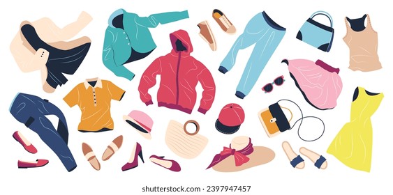 Set of fashion clothes for women. Casual garments and accessories for spring and summer. Jacket, bags, shoes, trousers, dress, hats flying. Flat vector illustrations isolated on white background.