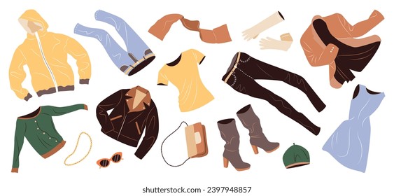 Set of fashion clothes for women. Casual garments and accessories for spring and fall. Coat, dress, jacket, bags, shoes, trousers flying. Flat vector illustrations isolated on white background.