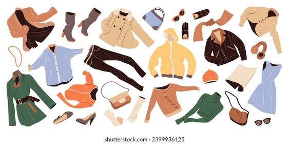 Set de ropa de moda para mujeres. Prendas de vestir y accesorios para primavera y otoño. Abrigo, vestido, chaqueta, bolsas, zapatos, pantalones volando. Ilustraciones vectoriales planas aisladas en fondo blanco.