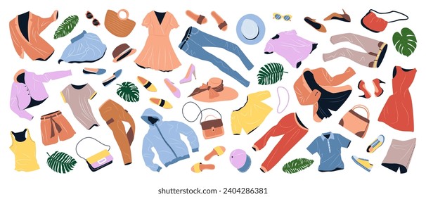 Set of fashion clothes for women. Casual garments and accessories for spring and summer. Jacket, bags, shoes, trousers, shorts, hats flying. Flat vector illustrations isolated on white background.