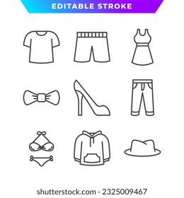 Conjunto de iconos de esquema de moda y ropa. Hoodie, sombrero, bikini, vestido, camiseta, tacones altos y más. Stroke editable. Vector Eps 10