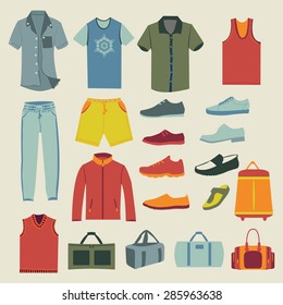 set of Fashion collection of man wardrobe. Various male clothing -illustration. Set of men clothes and accessories icons 