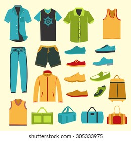 set of Fashion collection of man wardrobe. Various male clothing -illustration. Set of men clothes and accessories icons 