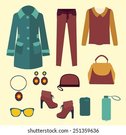 set of Fashion collection of spring and Autumn woman wardrobe - Illustration. Vector vector fashion clothes and accessories for women for design