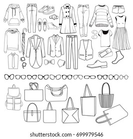 Set of Fashion collection of Vector illustration man and woman clothes and accessories elements, collection sketches, outlines  Fashion Collection Of Clothes Female and male