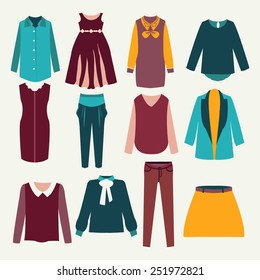 set of Fashion collection of  woman wardrobe. Various female clothing - Illustration. twelve items of isolated female clothing