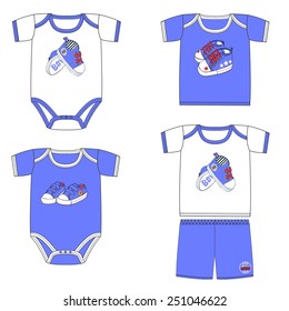 Set of fashion costumes for babies with prints with sport shoes. Trendy tracksuits for baby boy in blue and white colors. Collection of sportswear for newborn baby. Stylish idea for clothes line.