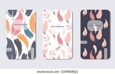 Set of fashion covers. Abstract design from colorful feathers and flowers. Perfect design for notebooks, planners, brochures, diaries. Vector illustration.