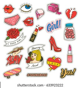 Set of fashion cute patches with lipstick, girl, heart, skate board, flower etc