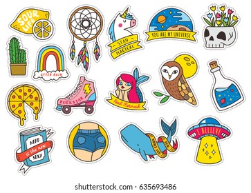 Set of fashion cute patches with mermaid, unicorn, owl, pizza etc