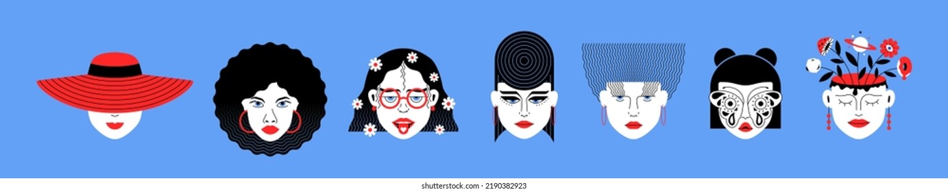 Set fashion design face girls with different hairstyle in minimalistic style vector illustration