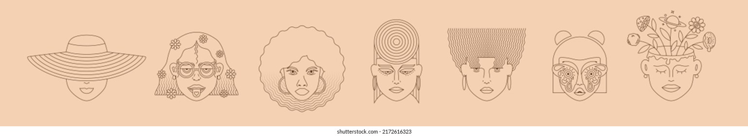 Set Fashion Design Head Girls With Different Hairstyle In Minimalistic Outline Boho Style Vector Illustration