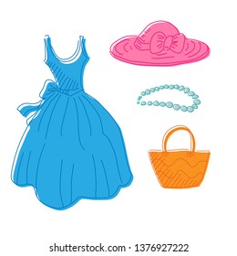 Set of fashion doodles. Hand drawn icons of women accessories. Vector elements on white background