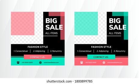 Set of fashion Editable minimal square banner template. Black background color  with pink and green element design. Suitable for social media post and web internet ads. photo college.