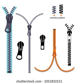 Set fashion Elements. Basic Plastic Zipper. Open and closed lock. Repeating element. fastener vector. zipper for cloth isolated on white background.
