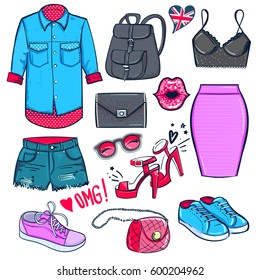 Set of fashion elements. Girlish Clothes Jeans shirt, sneakers, skirt, backpack, bag, glasses, high heels shoes, shorts