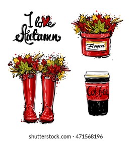 Set of fashion elements: hatbox with leaves bouquet, coffee cup, I love autumn inscription, red hunter boots. Design for decoration seasonal celebration, greeting card or banner.