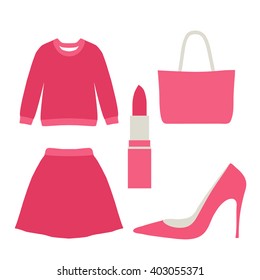Set of fashion elements objects on white background - sweater, skirt, lipstick, handbag and high shoe. Flat style fashion elements. Glamorous outfits. Pink cute fashion elements. Vector illustration.
