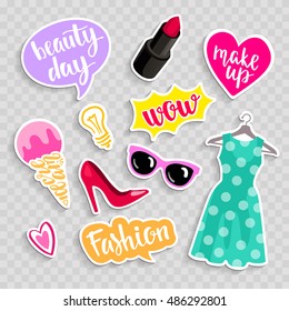 Set of fashion elements in patch style. Hearts, lipstick, ice cream, sunglasses, speech bubbles and other elements. Set of stickers and patches in cartoon comic style. Vector illustration isolated. 